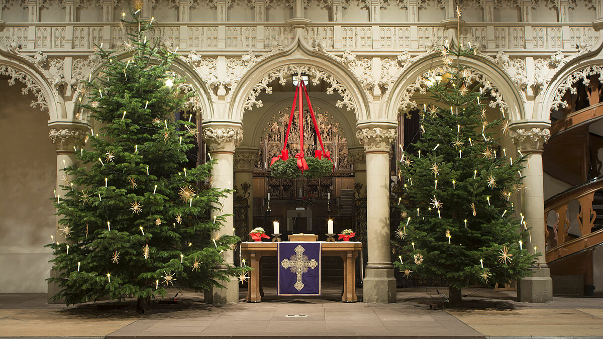 Geschmückte Weihnachtsbäume im Schleswiger St. Petri-Dom